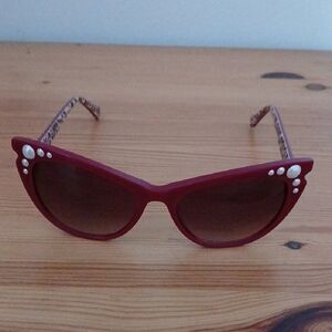 Betsey Johnson Red Cat-Eye Sunglasses with Pearl Accents